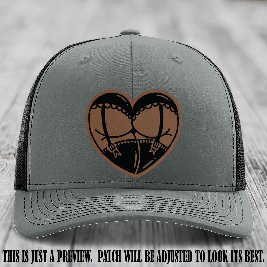Cheeky Heart 🍑❤️ leather patch hat with Dark Brown to Black Patch on Heather Grey to Black Hat - custom Richardson 112 hat