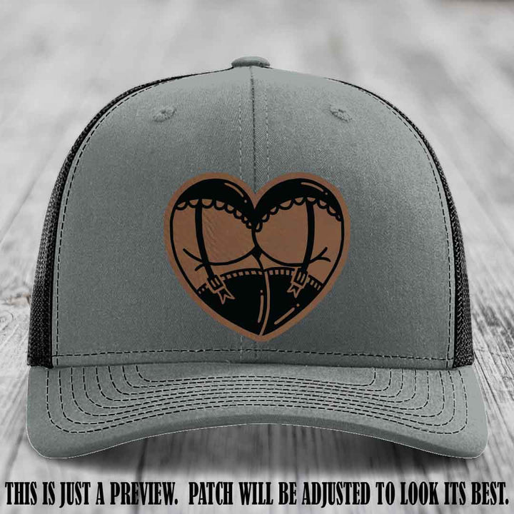 Cheeky Heart 🍑❤️ leather patch hat with Dark Brown to Black Patch on Heather Grey to Black Hat - custom Richardson 112 hat