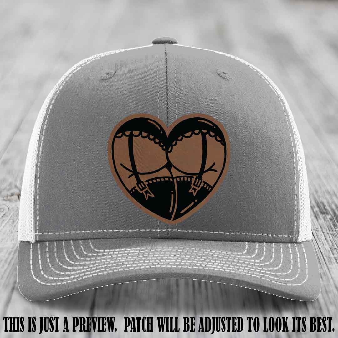 Cheeky Heart 🍑❤️ leather patch hat with Dark Brown to Black Patch on Heather Grey to White Hat - custom Richardson 112 hat