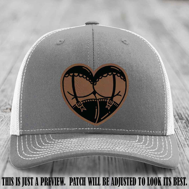 Cheeky Heart 🍑❤️ leather patch hat with Dark Brown to Black Patch on Heather Grey to White Hat - custom Richardson 112 hat