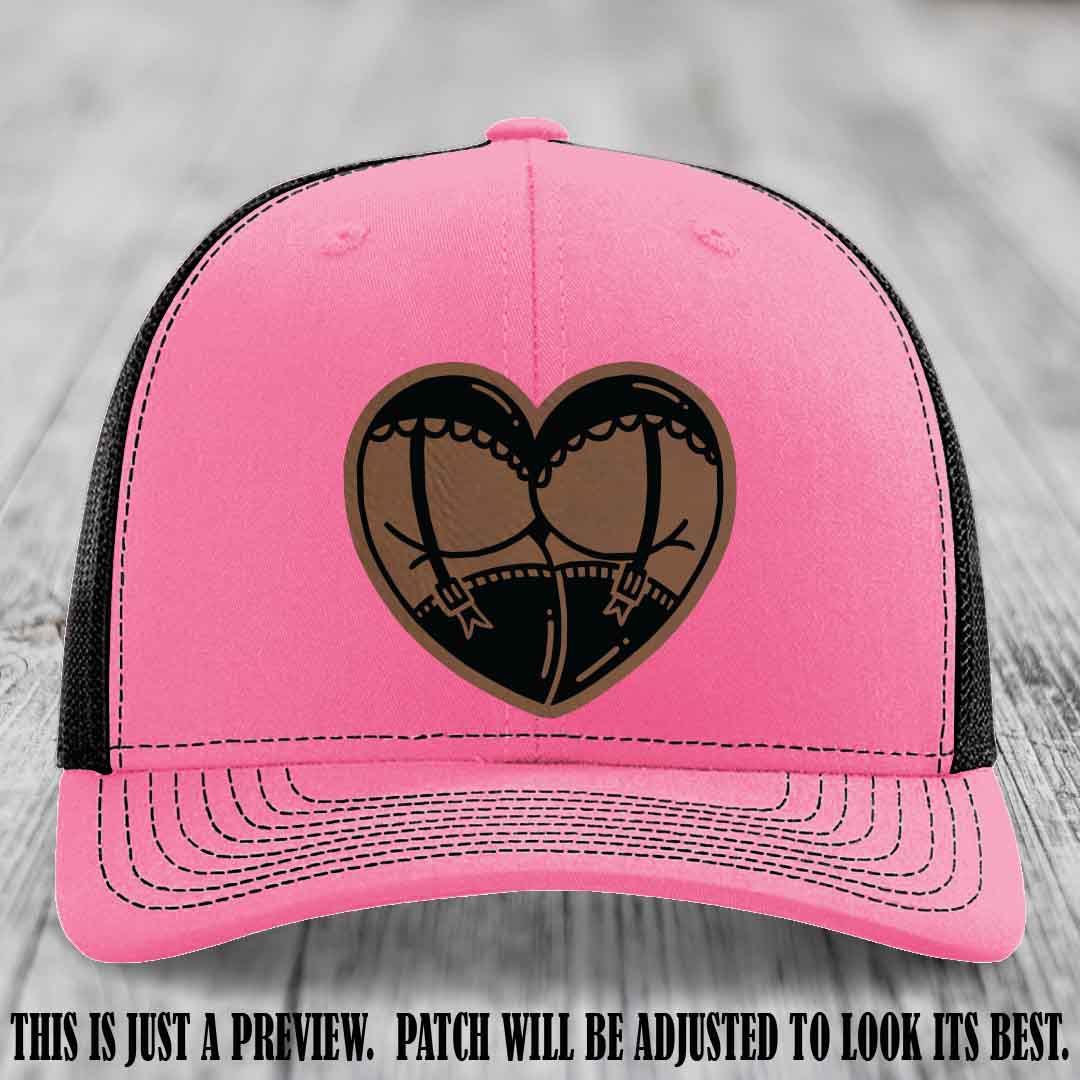 Cheeky Heart 🍑❤️ leather patch hat with Dark Brown to Black Patch on Hot Pink to Black Hat - custom Richardson 112 hat