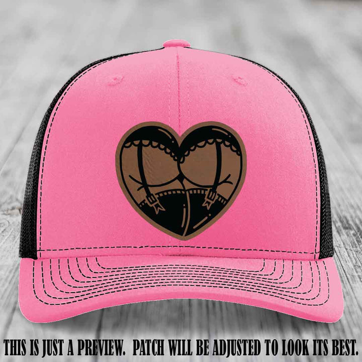 Cheeky Heart 🍑❤️ leather patch hat with Dark Brown to Black Patch on Hot Pink to Black Hat - custom Richardson 112 hat