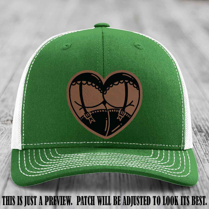 Cheeky Heart 🍑❤️ leather patch hat with Dark Brown to Black Patch on Kelly to White Hat - custom Richardson 112 hat