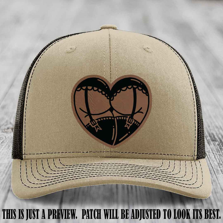 Cheeky Heart 🍑❤️ leather patch hat with Dark Brown to Black Patch on Khaki to Coffee Hat - custom Richardson 112 hat
