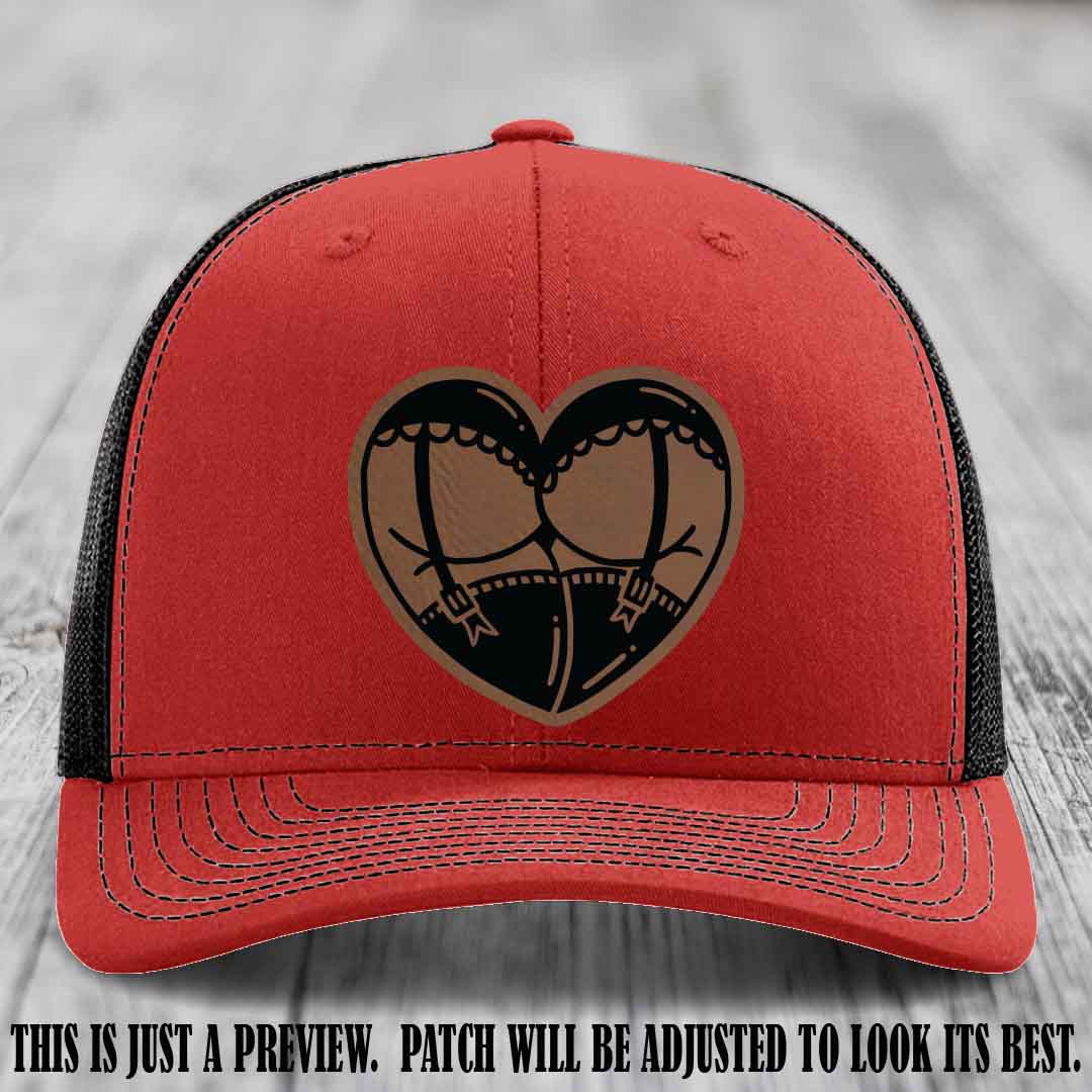 Cheeky Heart 🍑❤️ leather patch hat with Dark Brown to Black Patch on Red to Black Hat - custom Richardson 112 hat