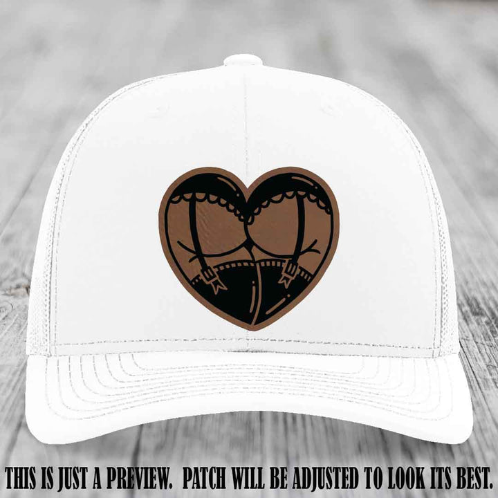 Cheeky Heart 🍑❤️ leather patch hat with Dark Brown to Black Patch on White Hat - custom Richardson 112 hat
