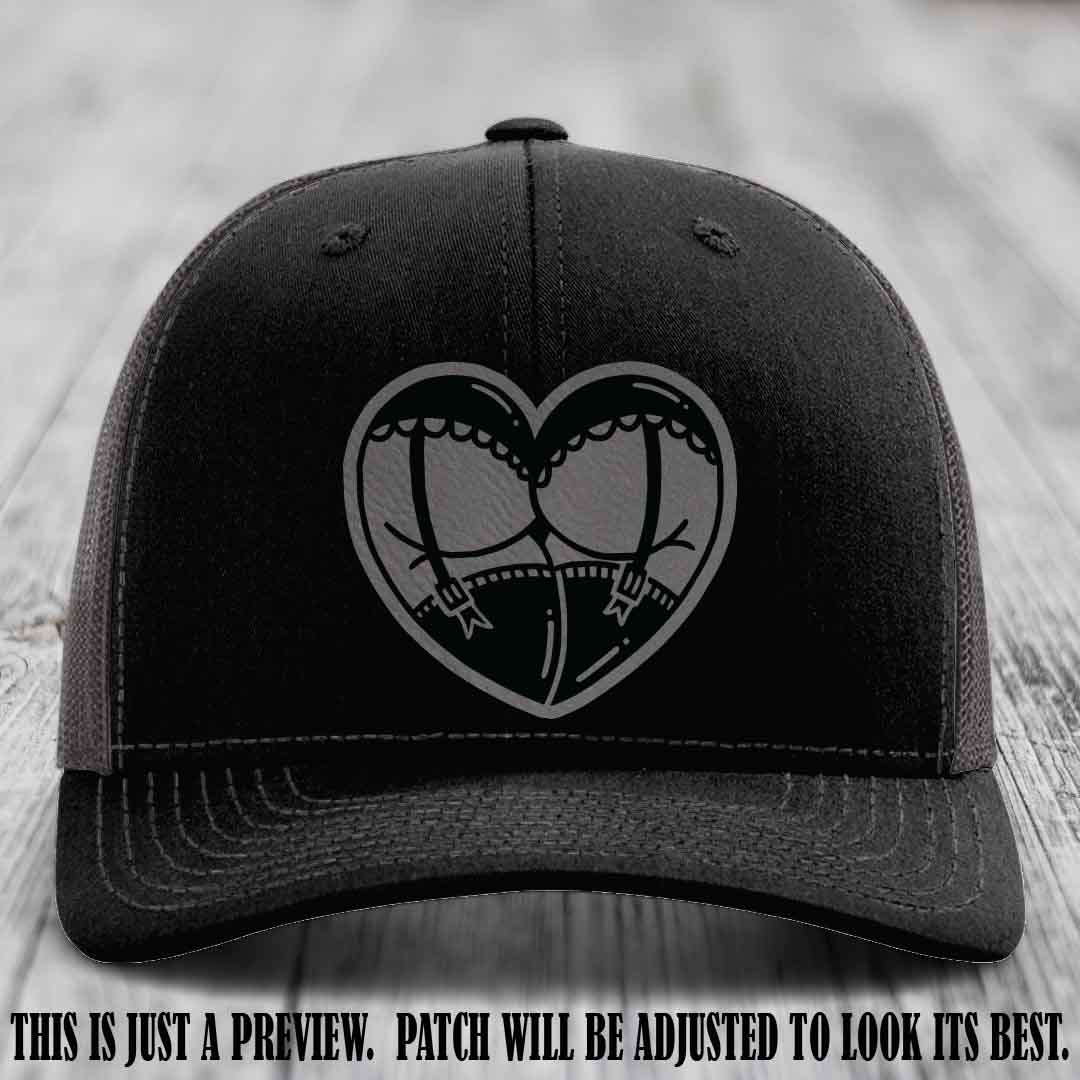 Cheeky Heart 🍑❤️ leather patch hat with Grey to Black Patch on Black to Charcoal Hat - custom Richardson 112 hat
