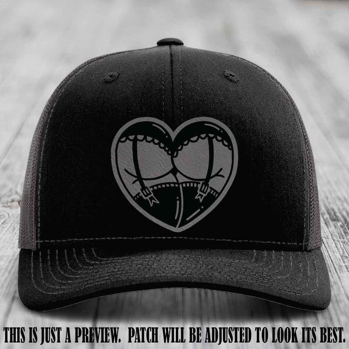 Cheeky Heart 🍑❤️ leather patch hat with Grey to Black Patch on Black to Charcoal Hat - custom Richardson 112 hat