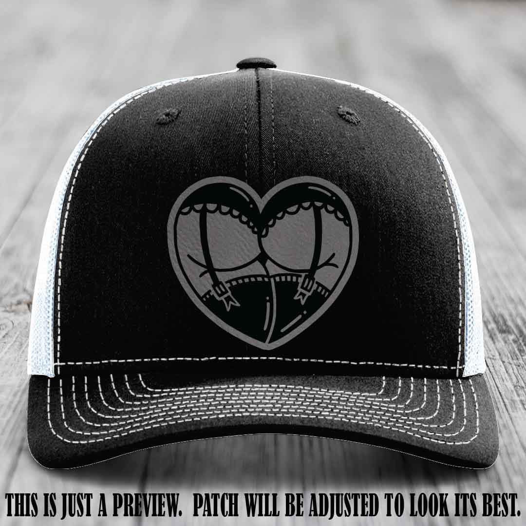 Cheeky Heart 🍑❤️ leather patch hat with Grey to Black Patch on Black to White Hat - custom Richardson 112 hat