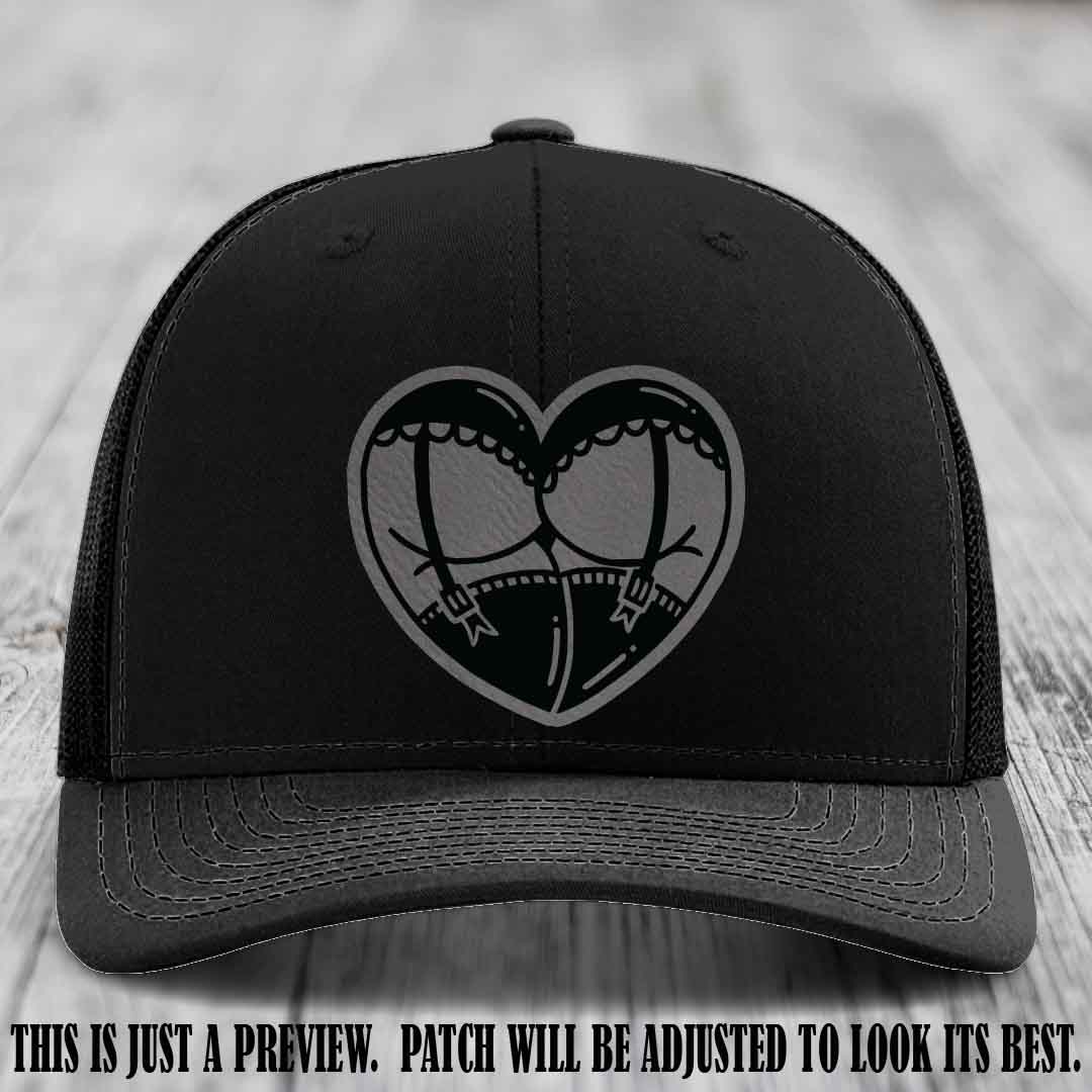 Cheeky Heart 🍑❤️ leather patch hat with Grey to Black Patch on Black Hat - custom Richardson 112 hat