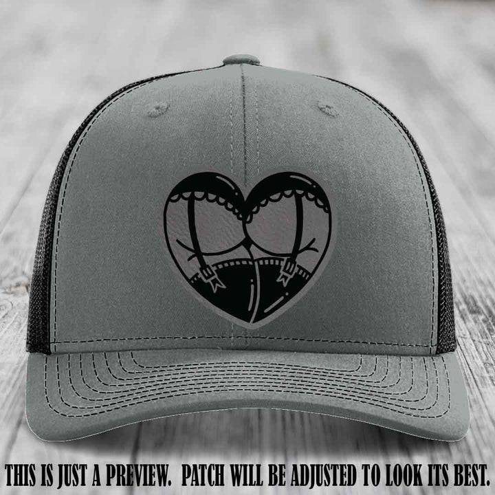 Cheeky Heart 🍑❤️ leather patch hat with Grey to Black Patch on Heather Grey to Black Hat - custom Richardson 112 hat