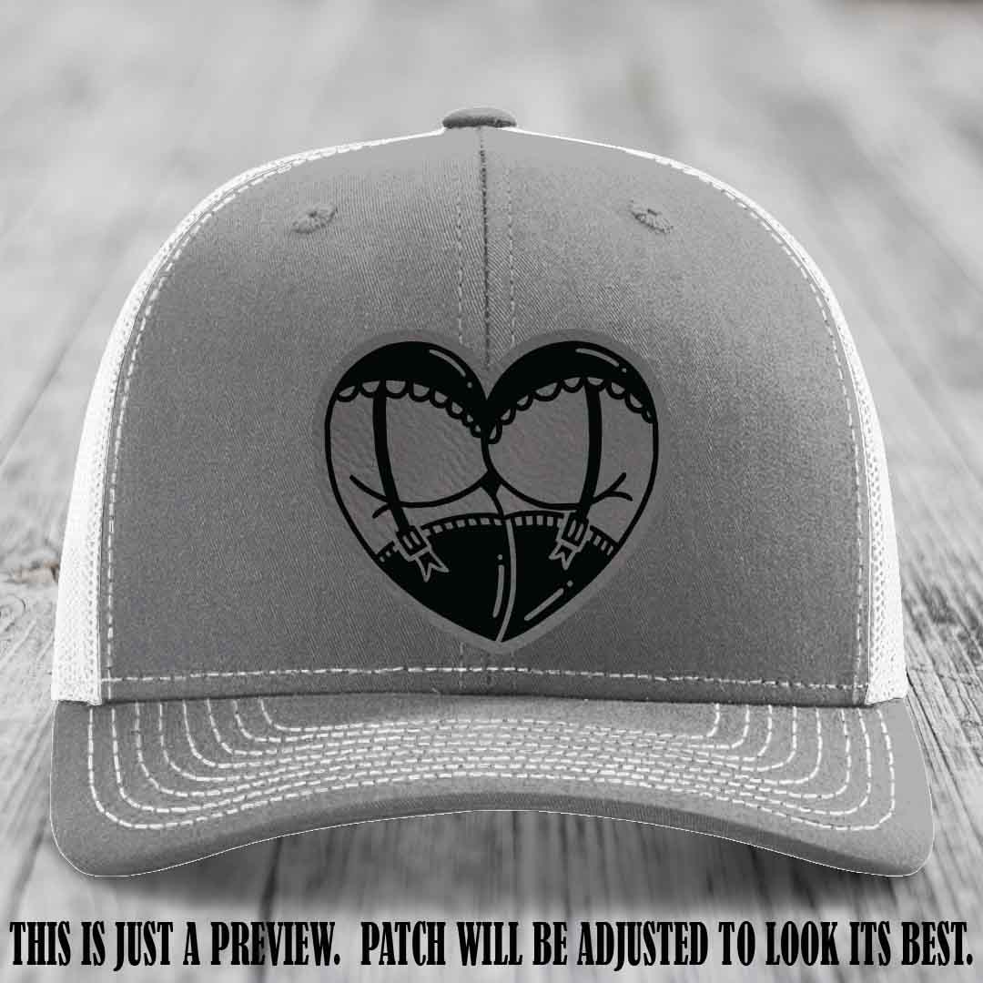 Cheeky Heart 🍑❤️ leather patch hat with Grey to Black Patch on Heather Grey to White Hat - custom Richardson 112 hat