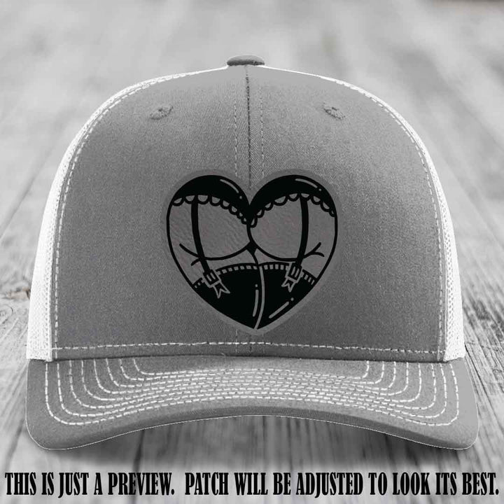 Cheeky Heart 🍑❤️ leather patch hat with Grey to Black Patch on Heather Grey to White Hat - custom Richardson 112 hat