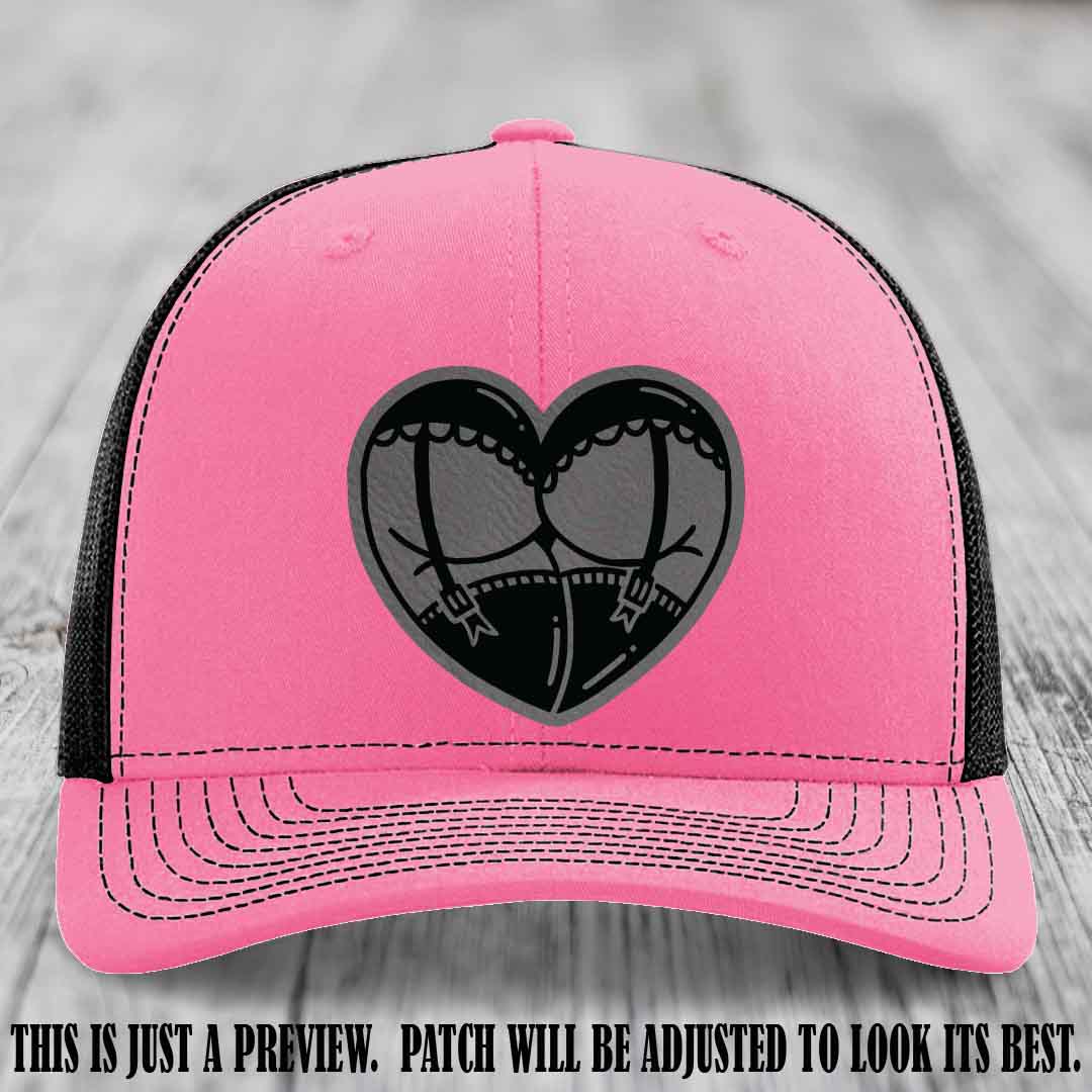 Cheeky Heart 🍑❤️ leather patch hat with Grey to Black Patch on Hot Pink to Black Hat - custom Richardson 112 hat