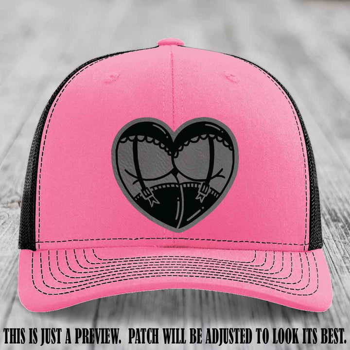 Cheeky Heart 🍑❤️ leather patch hat with Grey to Black Patch on Hot Pink to Black Hat - custom Richardson 112 hat