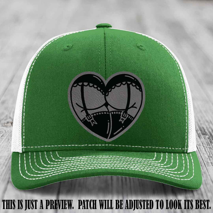 Cheeky Heart 🍑❤️ leather patch hat with Grey to Black Patch on Kelly to White Hat - custom Richardson 112 hat