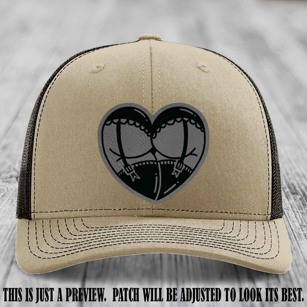 Cheeky Heart 🍑❤️ leather patch hat with Grey to Black Patch on Khaki to Coffee Hat - custom Richardson 112 hat
