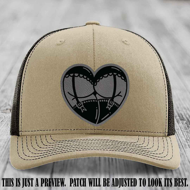 Cheeky Heart 🍑❤️ leather patch hat with Grey to Black Patch on Khaki to Coffee Hat - custom Richardson 112 hat