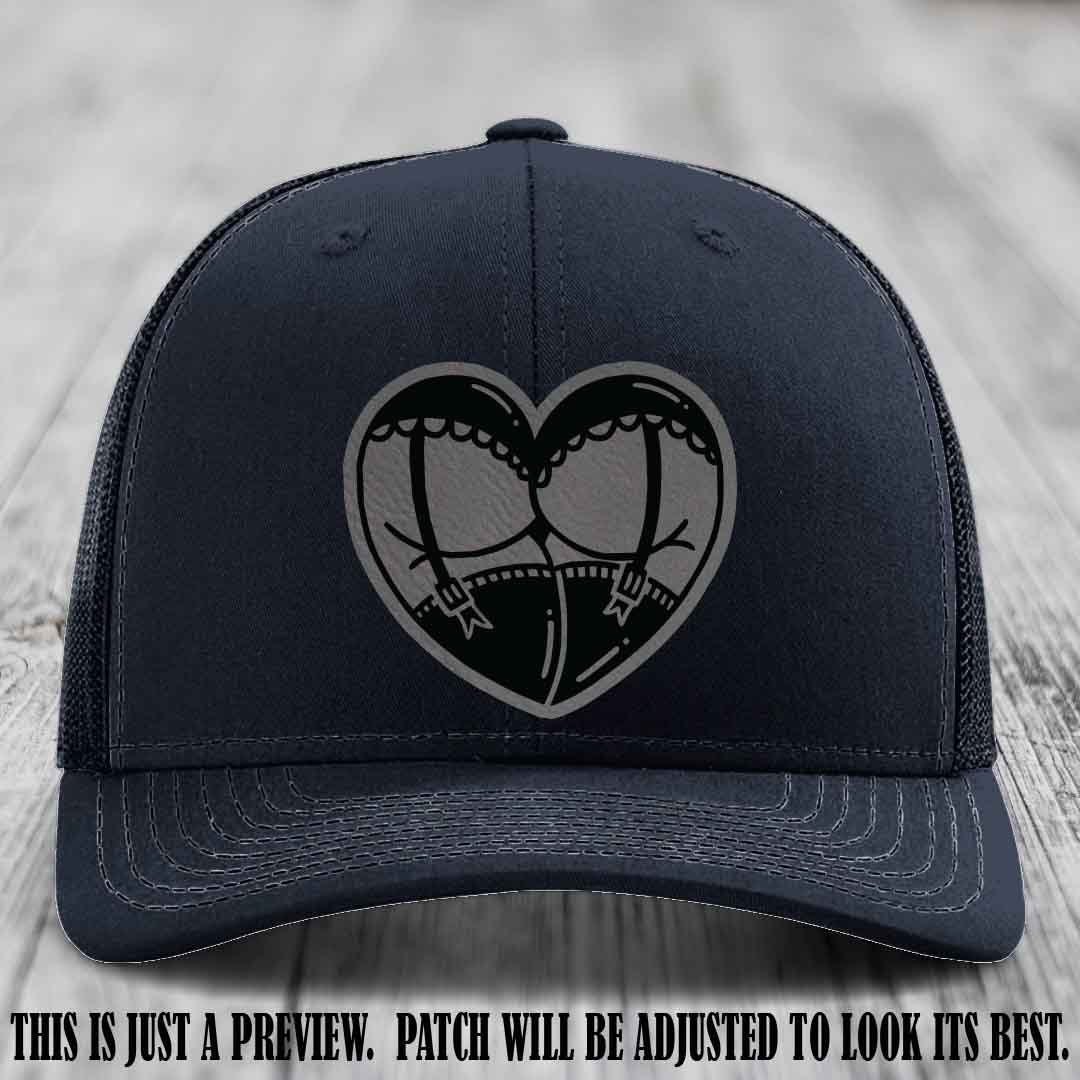 Cheeky Heart 🍑❤️ leather patch hat with Grey to Black Patch on Navy Hat - custom Richardson 112 hat