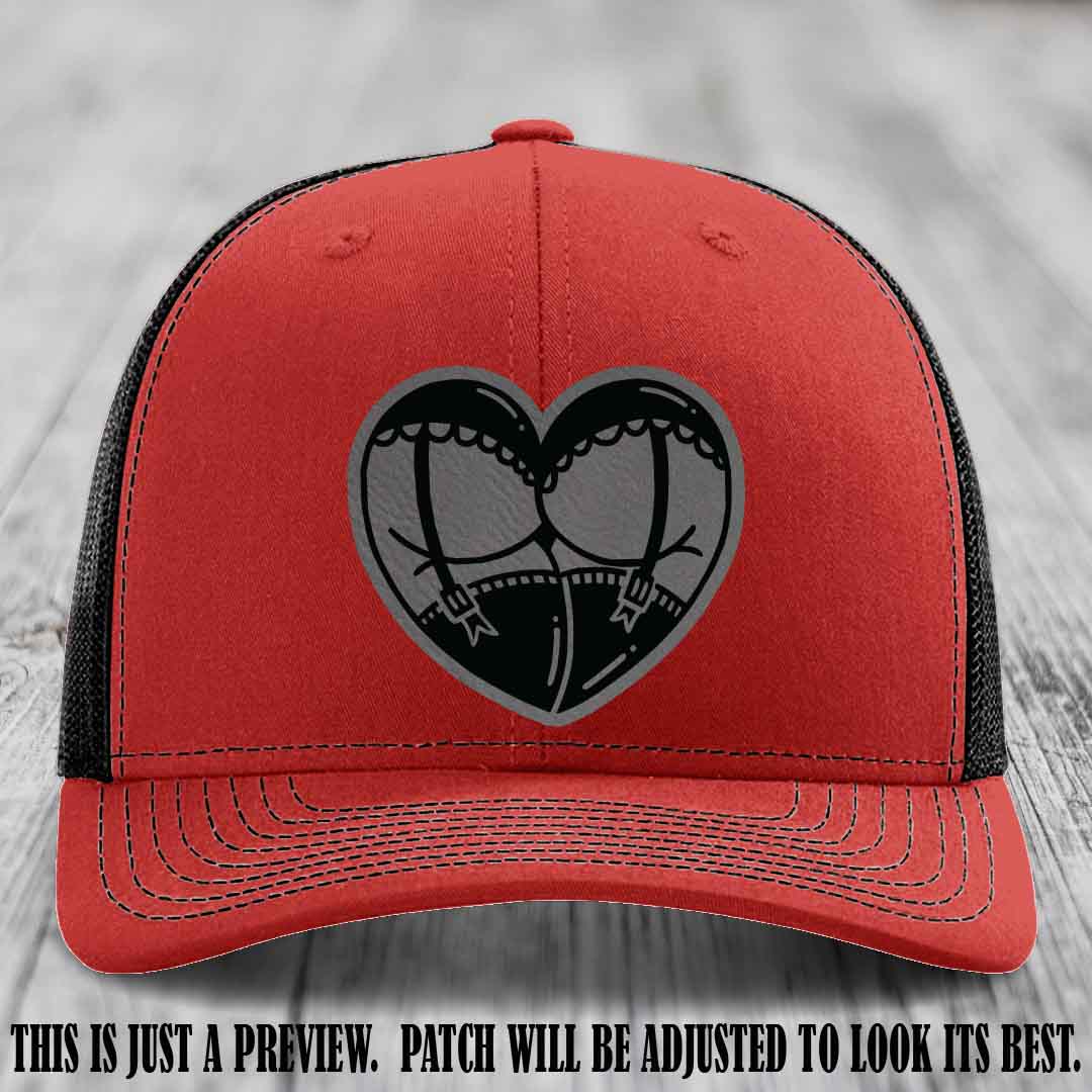 Cheeky Heart 🍑❤️ leather patch hat with Grey to Black Patch on Red to Black Hat - custom Richardson 112 hat