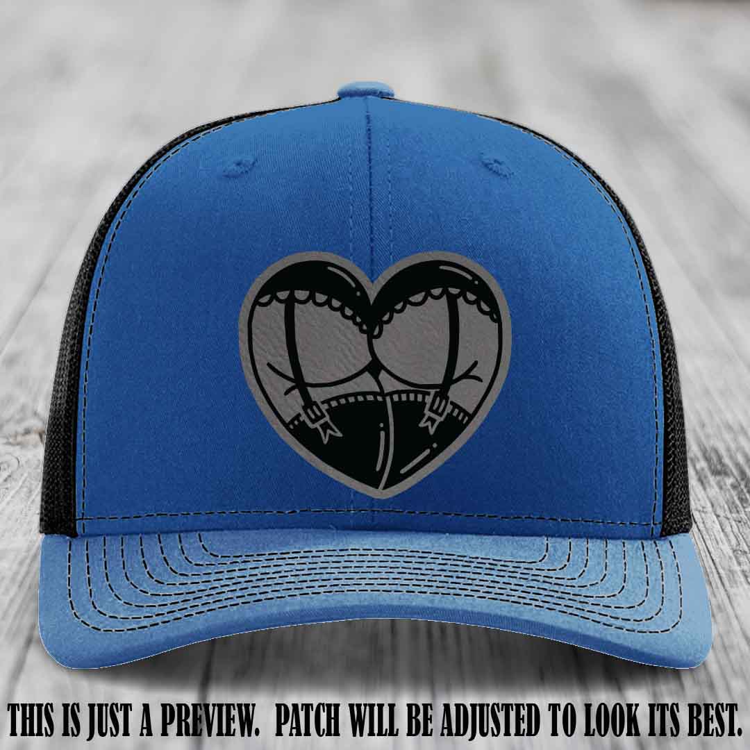 Cheeky Heart 🍑❤️ leather patch hat with Grey to Black Patch on Royal to Black Hat - custom Richardson 112 hat