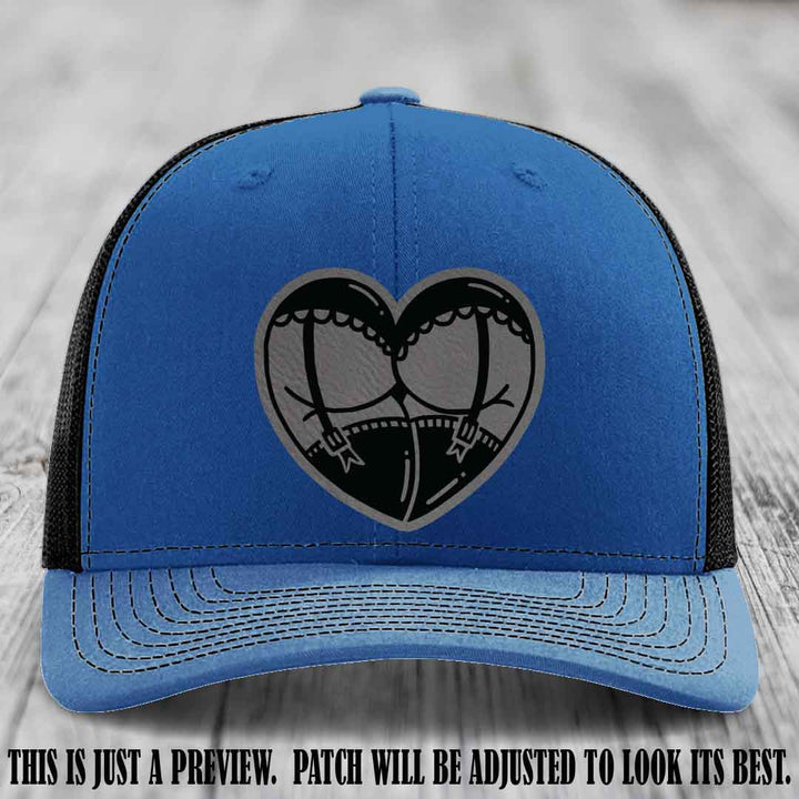Cheeky Heart 🍑❤️ leather patch hat with Grey to Black Patch on Royal to Black Hat - custom Richardson 112 hat