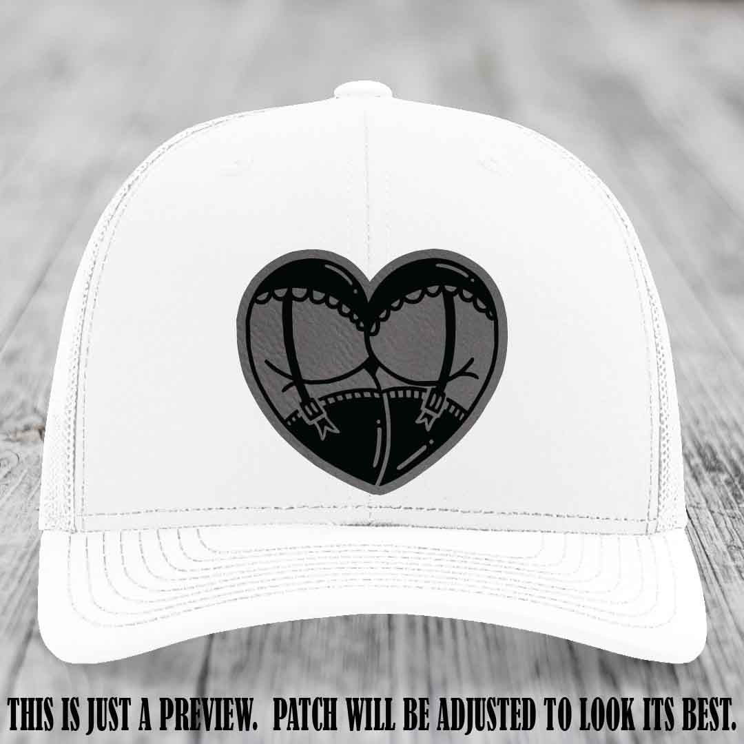 Cheeky Heart 🍑❤️ leather patch hat with Grey to Black Patch on White Hat - custom Richardson 112 hat