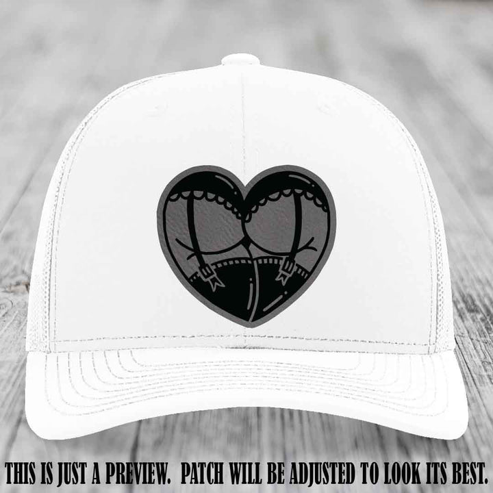 Cheeky Heart 🍑❤️ leather patch hat with Grey to Black Patch on White Hat - custom Richardson 112 hat