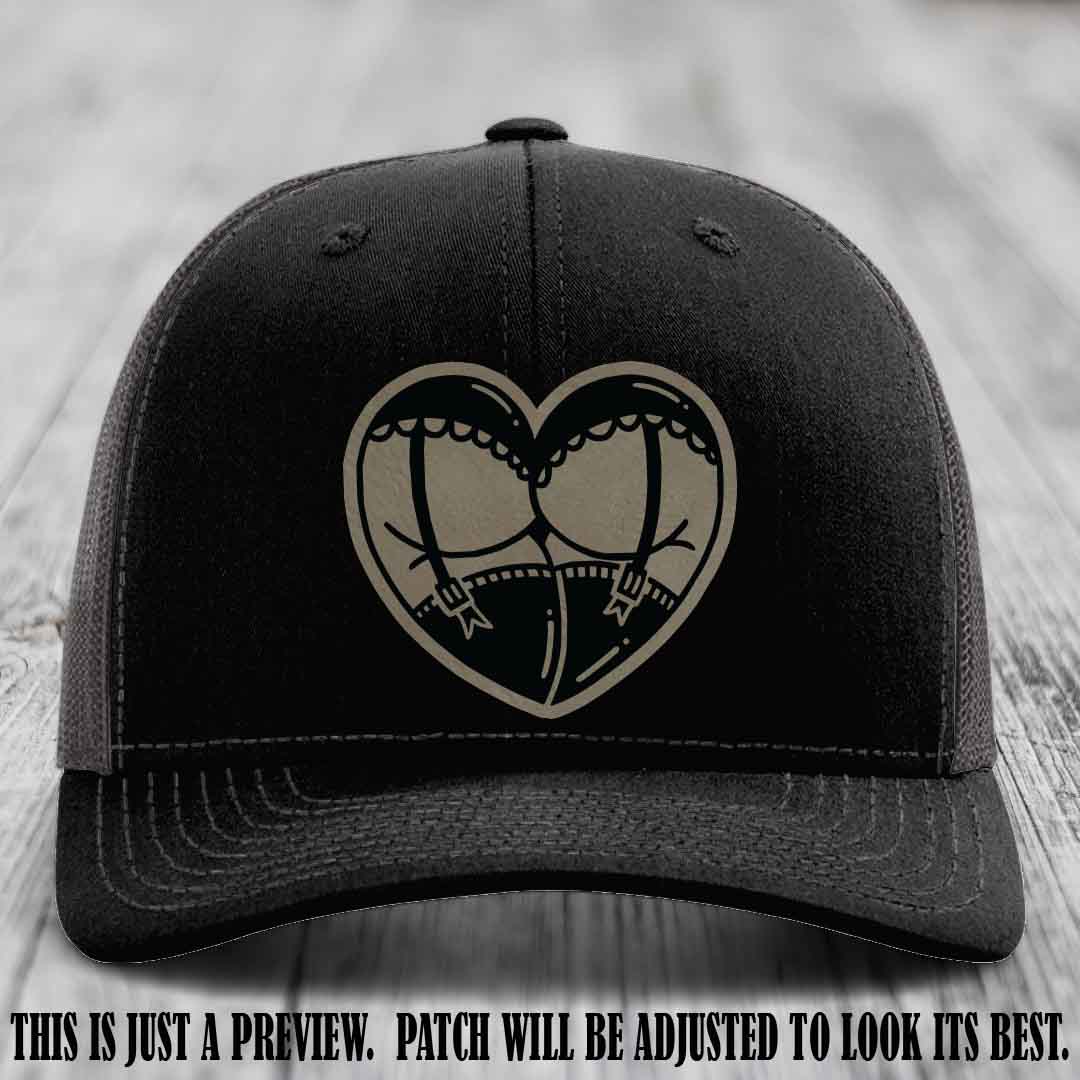 Cheeky Heart 🍑❤️ leather patch hat with Light Brown to Black Patch on Black to Charcoal Hat - custom Richardson 112 hat
