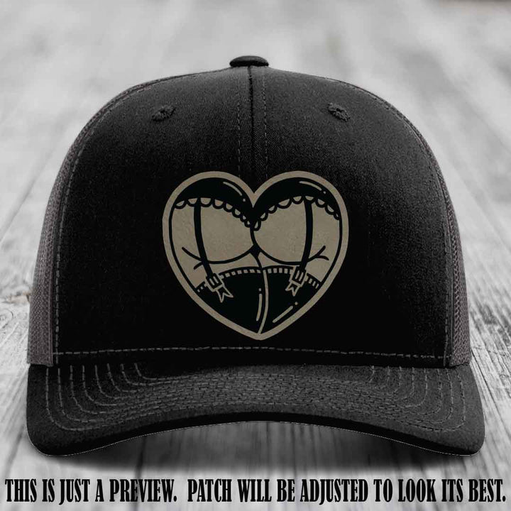 Cheeky Heart 🍑❤️ leather patch hat with Light Brown to Black Patch on Black to Charcoal Hat - custom Richardson 112 hat
