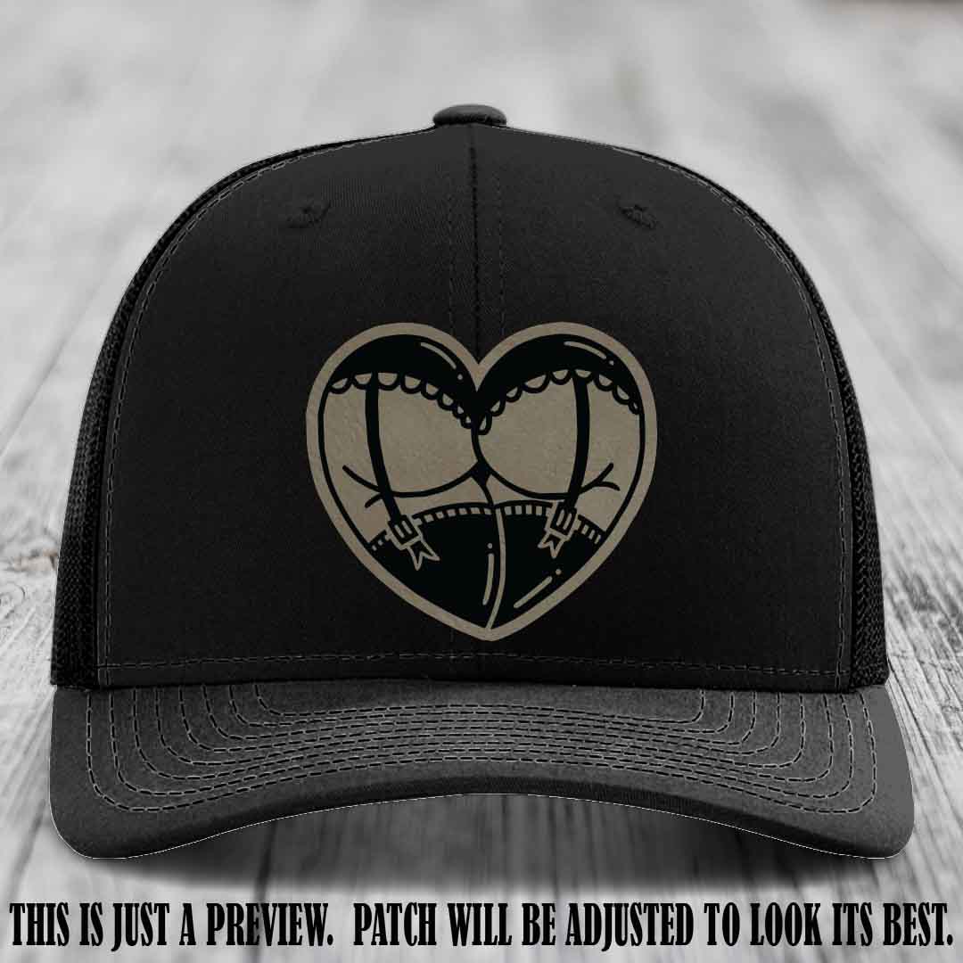 Cheeky Heart 🍑❤️ leather patch hat with Light Brown to Black Patch on Black Hat - custom Richardson 112 hat
