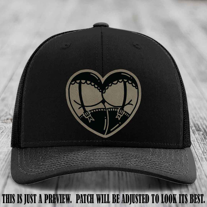 Cheeky Heart 🍑❤️ leather patch hat with Light Brown to Black Patch on Black Hat - custom Richardson 112 hat