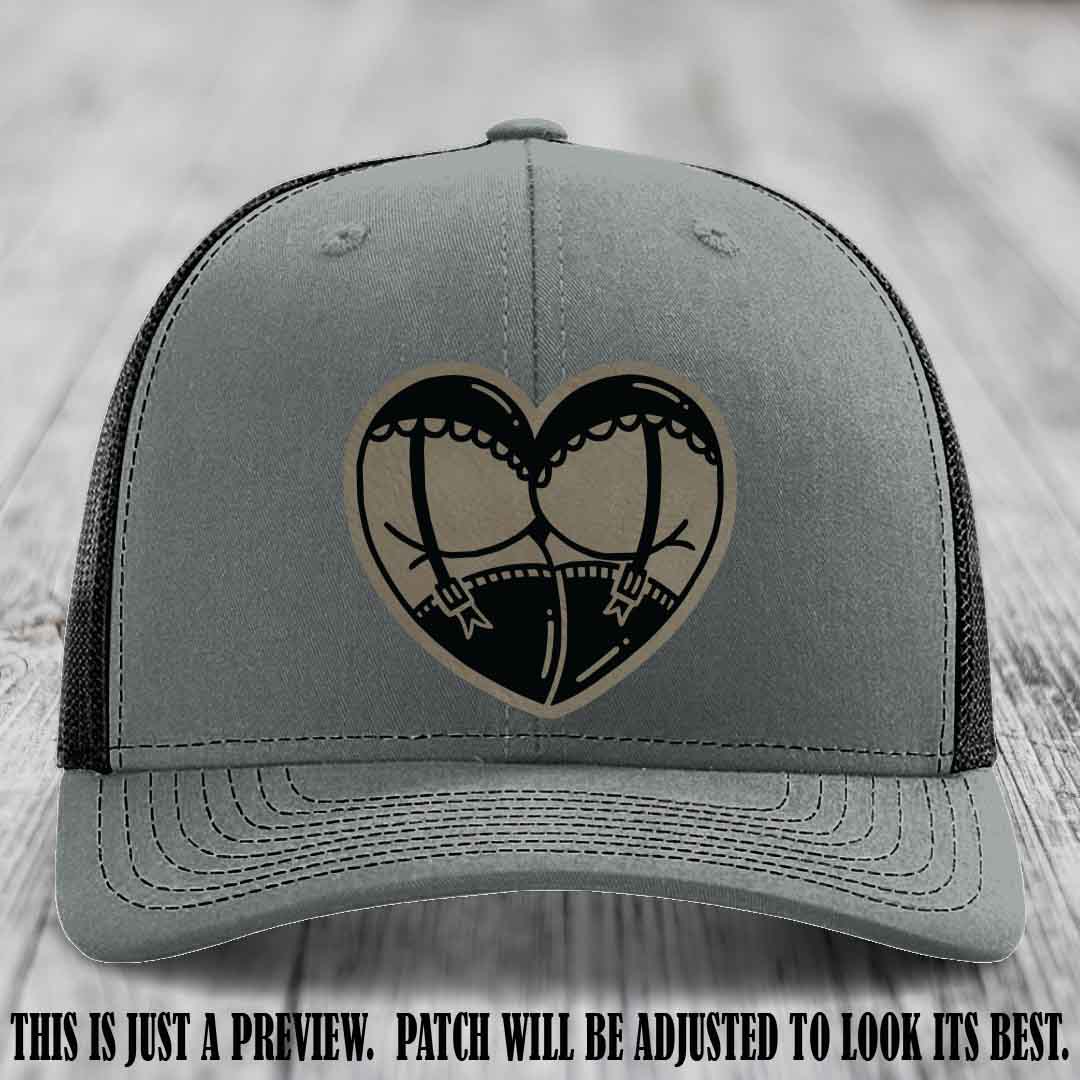 Cheeky Heart 🍑❤️ leather patch hat with Light Brown to Black Patch on Heather Grey to Black Hat - custom Richardson 112 hat
