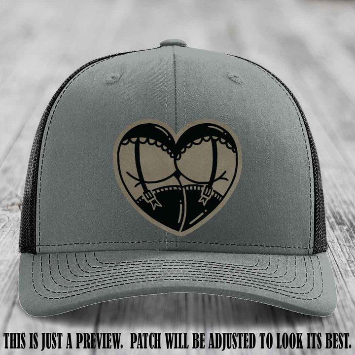 Cheeky Heart 🍑❤️ leather patch hat with Light Brown to Black Patch on Heather Grey to Black Hat - custom Richardson 112 hat