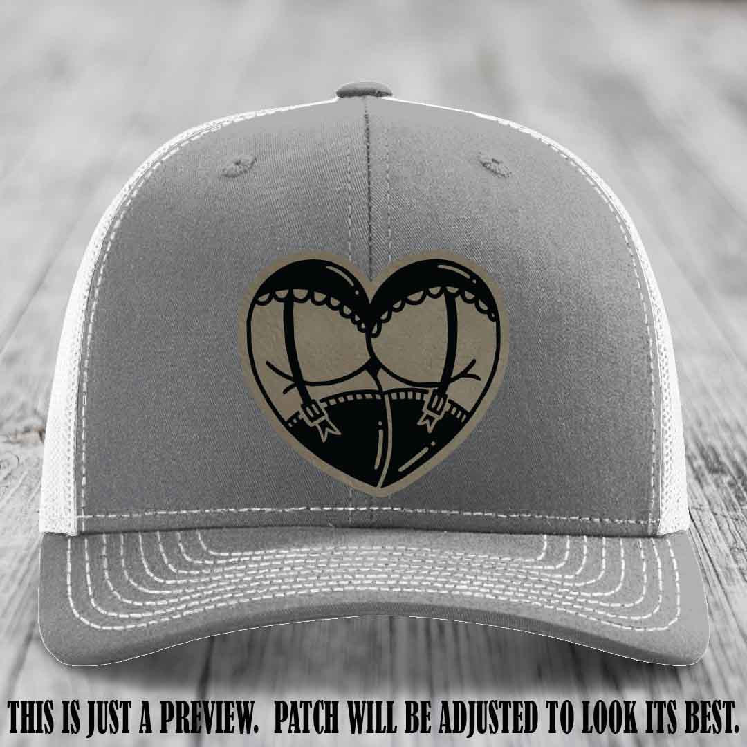 Cheeky Heart 🍑❤️ leather patch hat with Light Brown to Black Patch on Heather Grey to White Hat - custom Richardson 112 hat