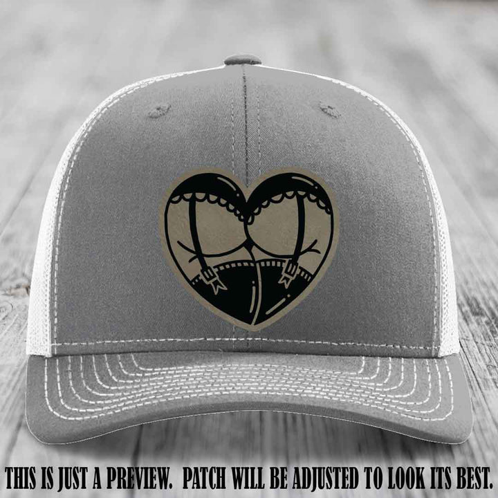 Cheeky Heart 🍑❤️ leather patch hat with Light Brown to Black Patch on Heather Grey to White Hat - custom Richardson 112 hat