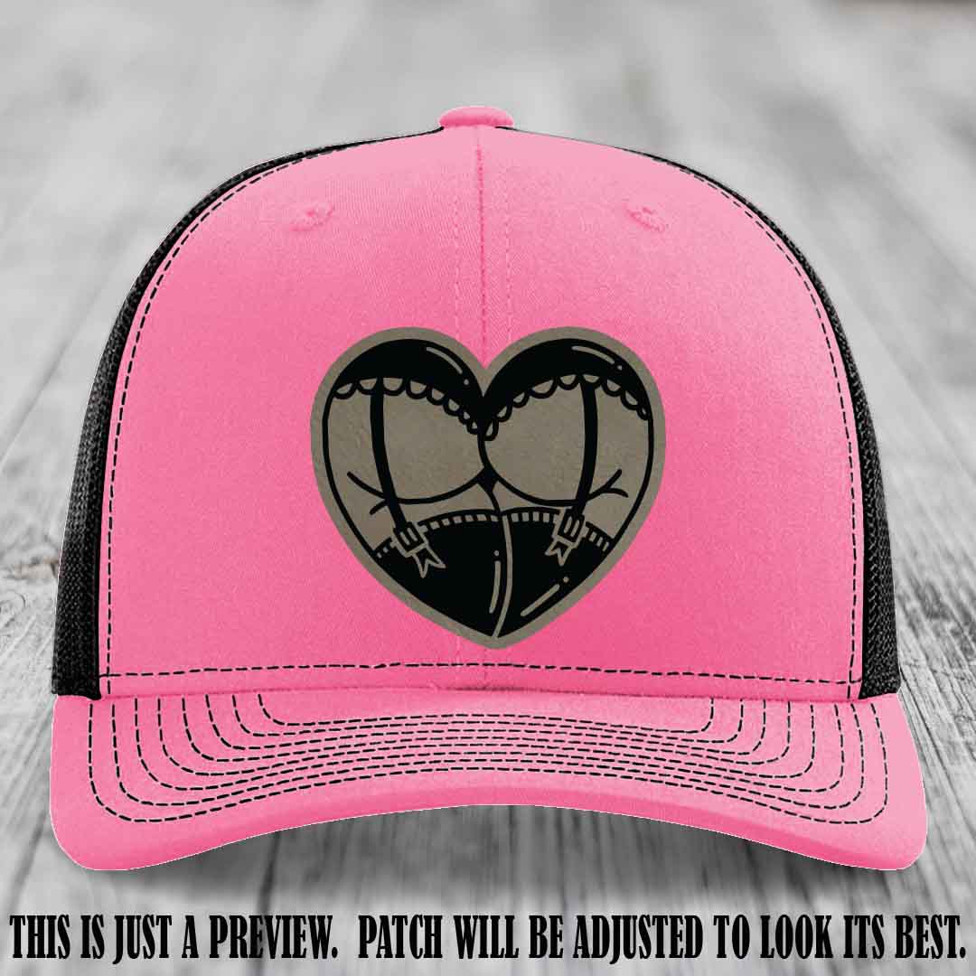 Cheeky Heart 🍑❤️ leather patch hat with Light Brown to Black Patch on Hot Pink to Black Hat - custom Richardson 112 hat