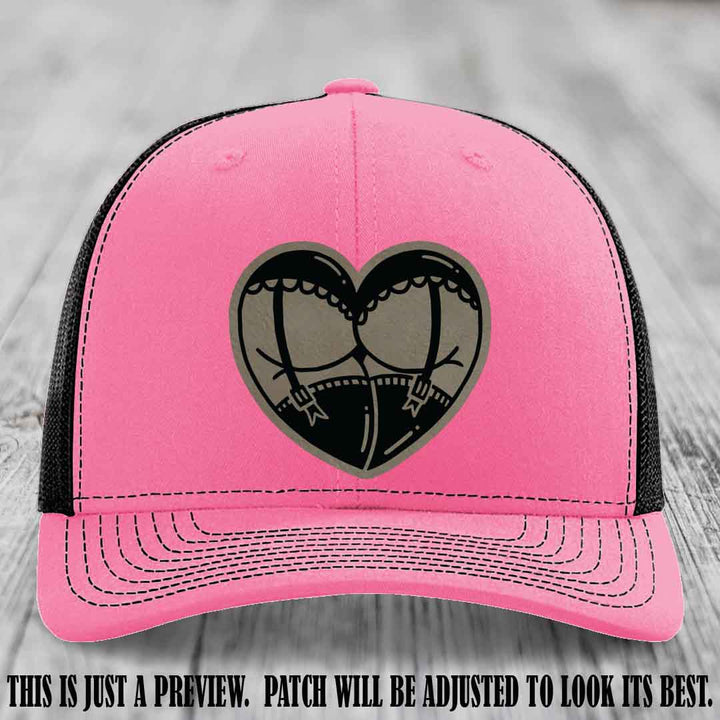 Cheeky Heart 🍑❤️ leather patch hat with Light Brown to Black Patch on Hot Pink to Black Hat - custom Richardson 112 hat