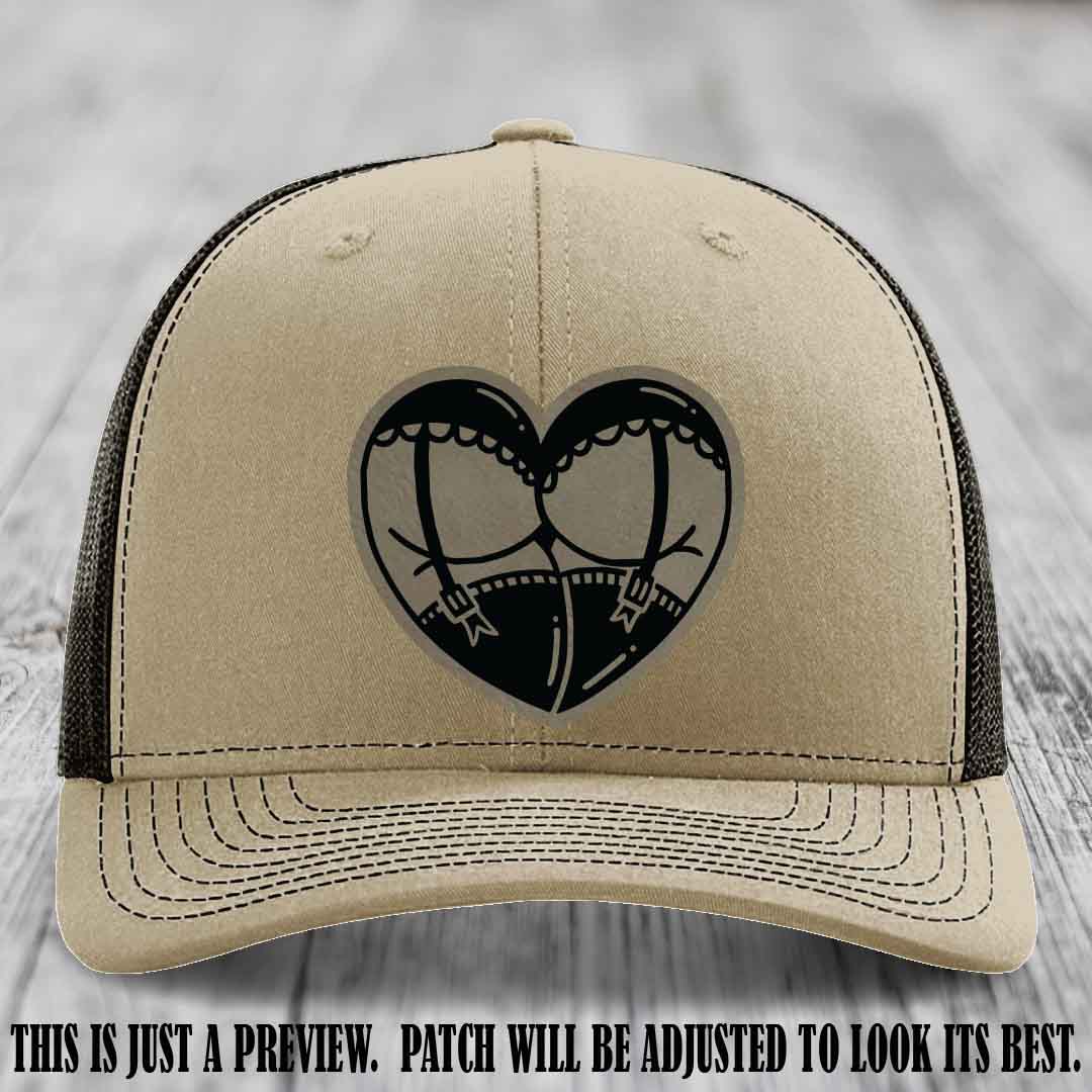 Cheeky Heart 🍑❤️ leather patch hat with Light Brown to Black Patch on Khaki to Coffee Hat - custom Richardson 112 hat