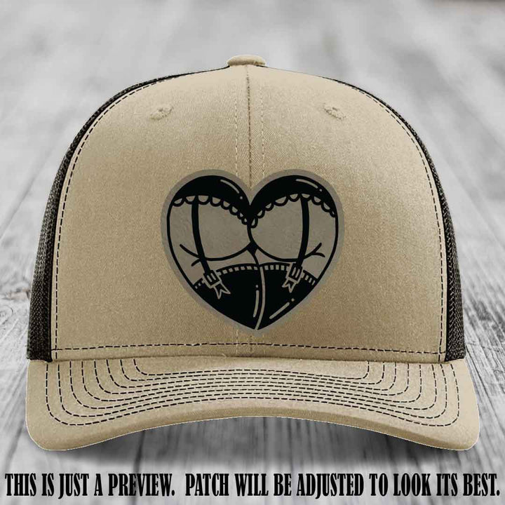 Cheeky Heart 🍑❤️ leather patch hat with Light Brown to Black Patch on Khaki to Coffee Hat - custom Richardson 112 hat