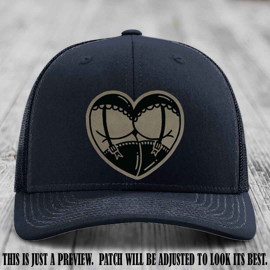 Cheeky Heart 🍑❤️ leather patch hat with Light Brown to Black Patch on Navy Hat - custom Richardson 112 hat