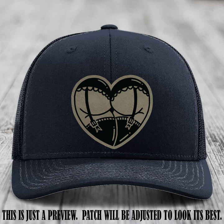 Cheeky Heart 🍑❤️ leather patch hat with Light Brown to Black Patch on Navy Hat - custom Richardson 112 hat