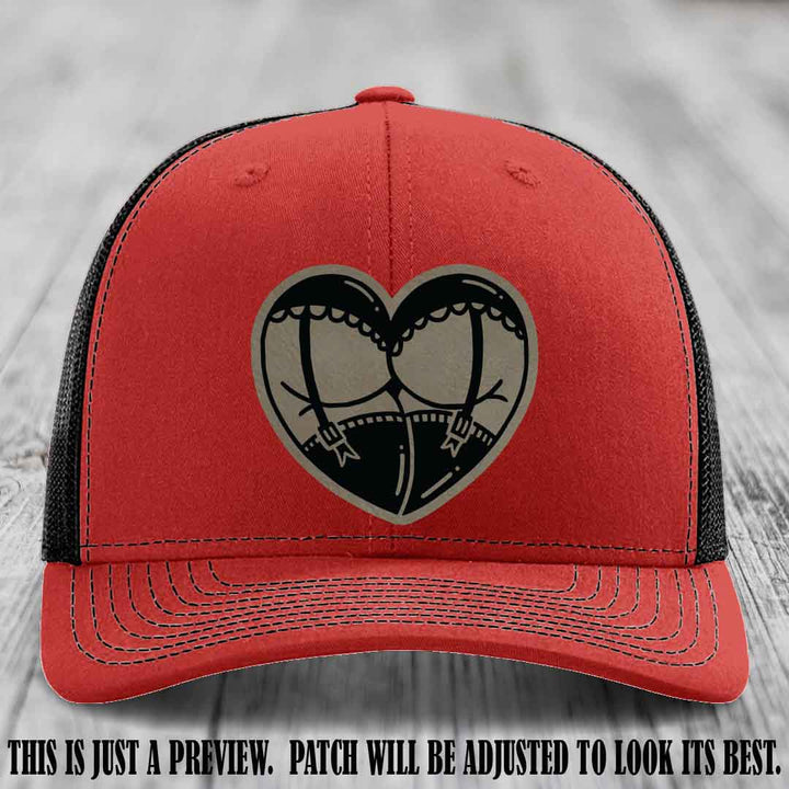 Cheeky Heart 🍑❤️ leather patch hat with Light Brown to Black Patch on Red to Black Hat - custom Richardson 112 hat