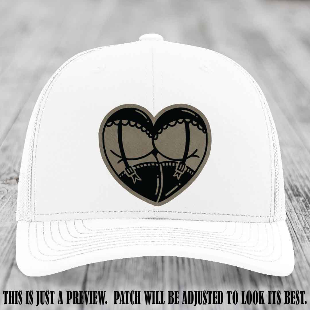 Cheeky Heart 🍑❤️ leather patch hat with Light Brown to Black Patch on White Hat - custom Richardson 112 hat