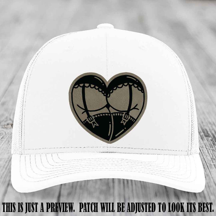 Cheeky Heart 🍑❤️ leather patch hat with Light Brown to Black Patch on White Hat - custom Richardson 112 hat