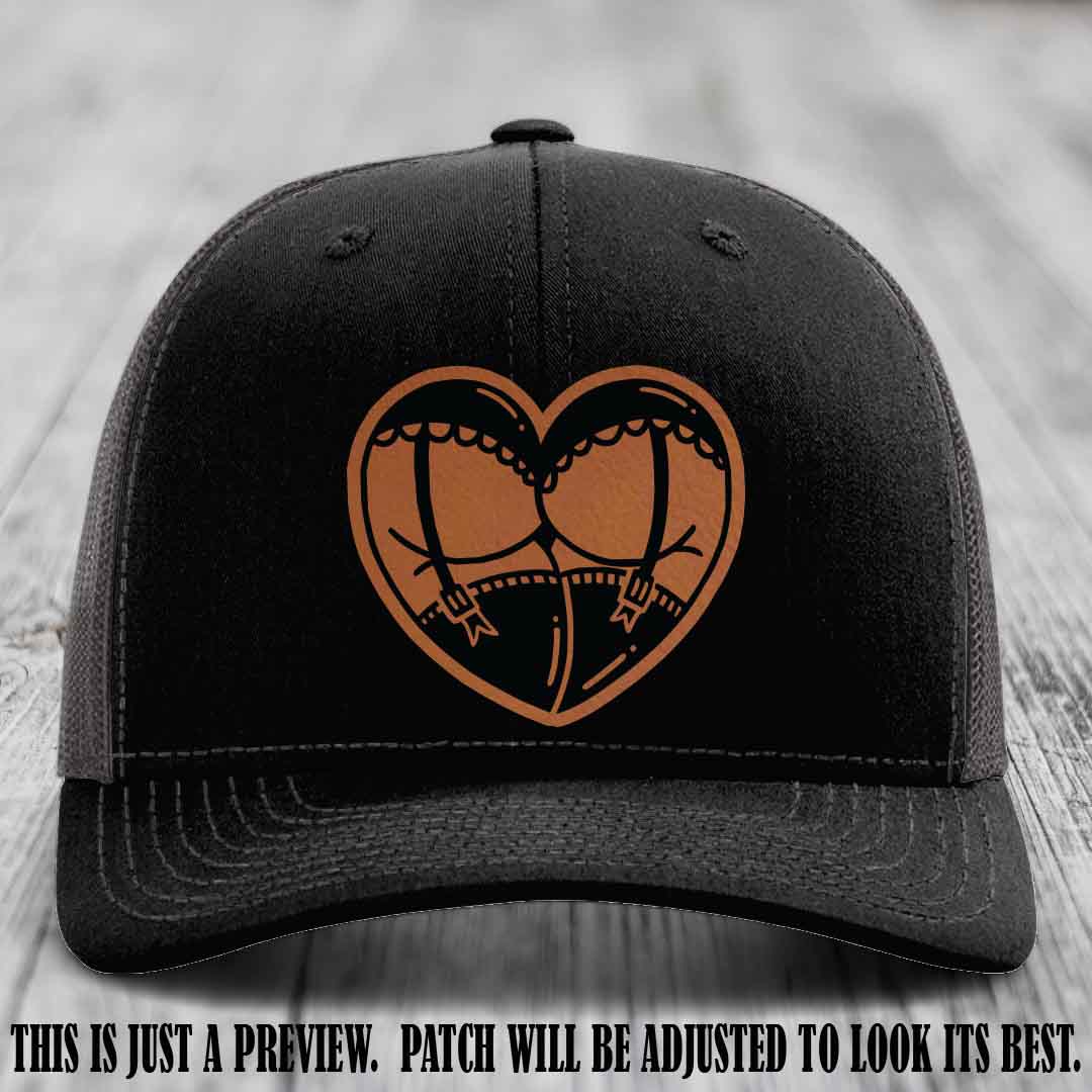 Cheeky Heart 🍑❤️ leather patch hat with Rawhide to Black Patch on Black to Charcoal Hat - custom Richardson 112 hat
