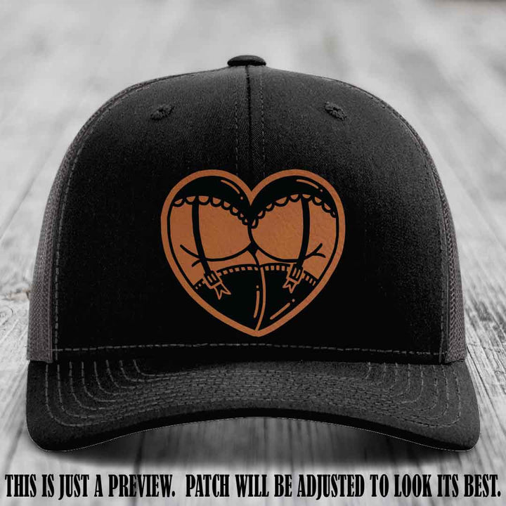 Cheeky Heart 🍑❤️ leather patch hat with Rawhide to Black Patch on Black to Charcoal Hat - custom Richardson 112 hat