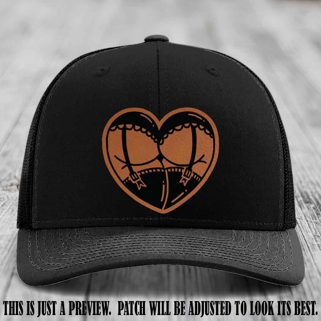 Cheeky Heart 🍑❤️ leather patch hat with Rawhide to Black Patch on Black Hat - custom Richardson 112 hat