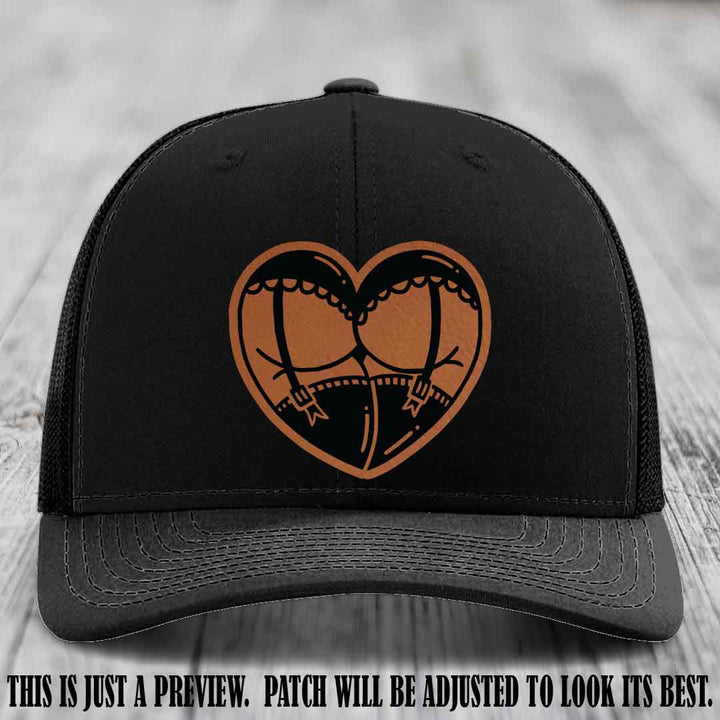 Cheeky Heart 🍑❤️ leather patch hat with Rawhide to Black Patch on Black Hat - custom Richardson 112 hat