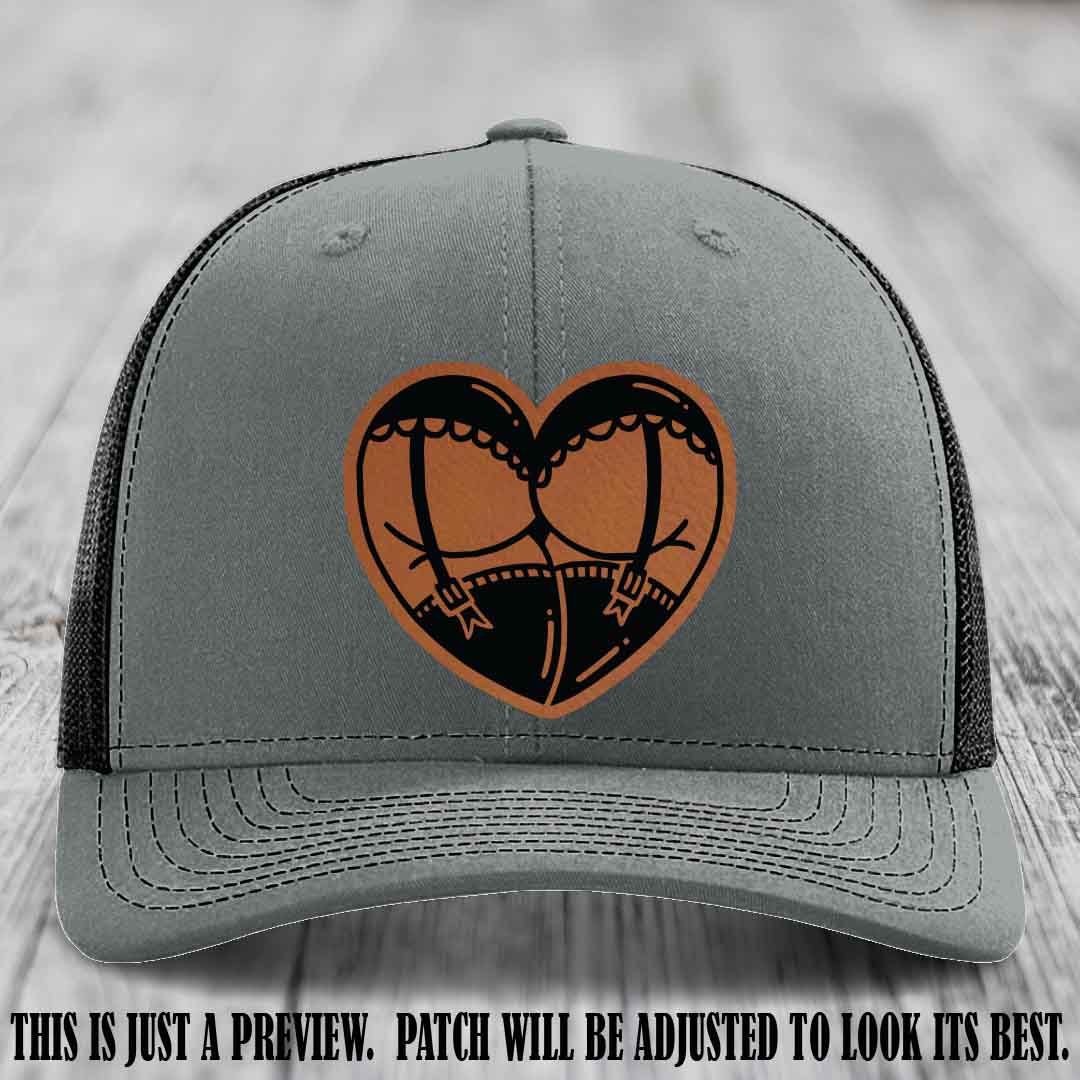 Cheeky Heart 🍑❤️ leather patch hat with Rawhide to Black Patch on Heather Grey to Black Hat - custom Richardson 112 hat